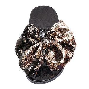 Gold Bow Sequin Slip on Slipper Sandal Kelly